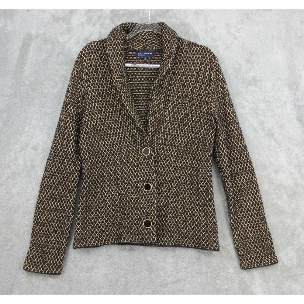 Jones New York Sweater Womens Size M Merino Wool Blend Metallic Gold Cardigan